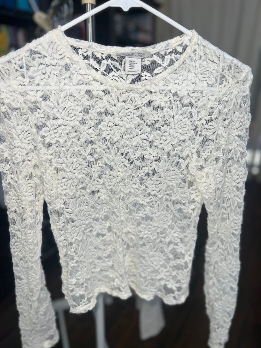 Rachel Zoe Sheer Floral Lace Long Sleeve Top Cream Off White Size XS